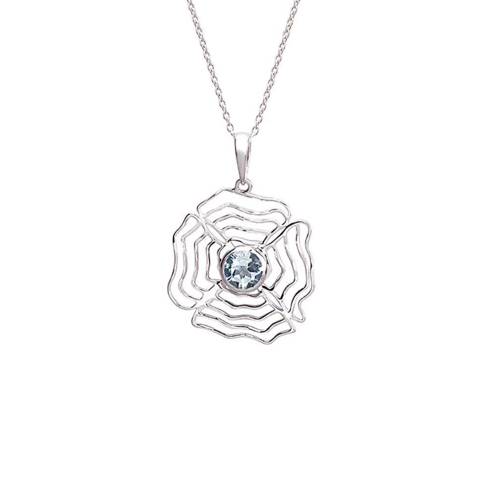 Blue Topaz Sterling Silver Flower Pendant Chain Necklace